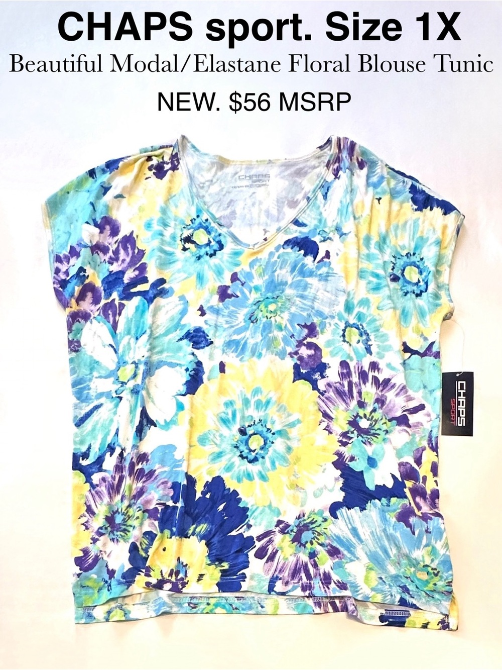 CHAPS Sport Floral V-Neck Tunic Top Modal Blouse Spring Summer 🌼